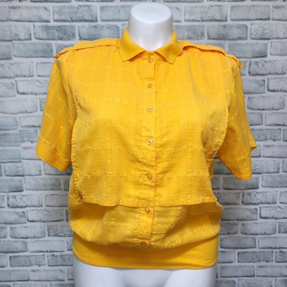 Vintage 80s Neil Martin‎ M/L Yellow Gauze Knit Banded Waist Bottom Blouse